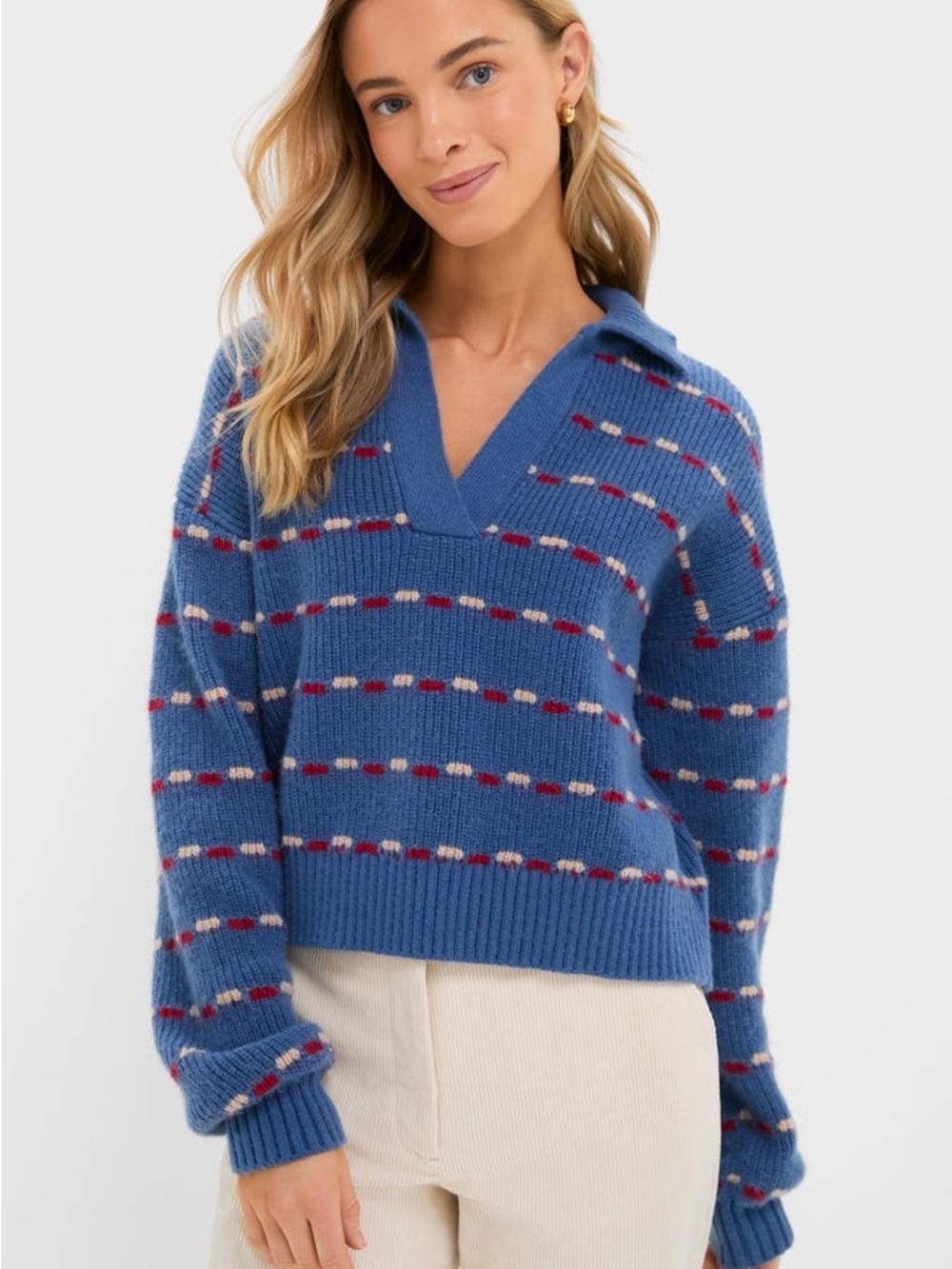 TUCKERNUCk Navy Striped Jansen V-Neck Polo Sweater